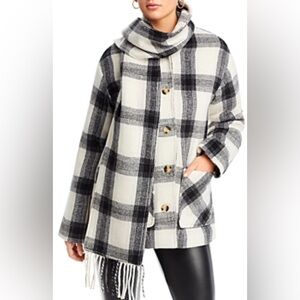 AQUA Black & White Checkered Scarf Collar Coat Size Small